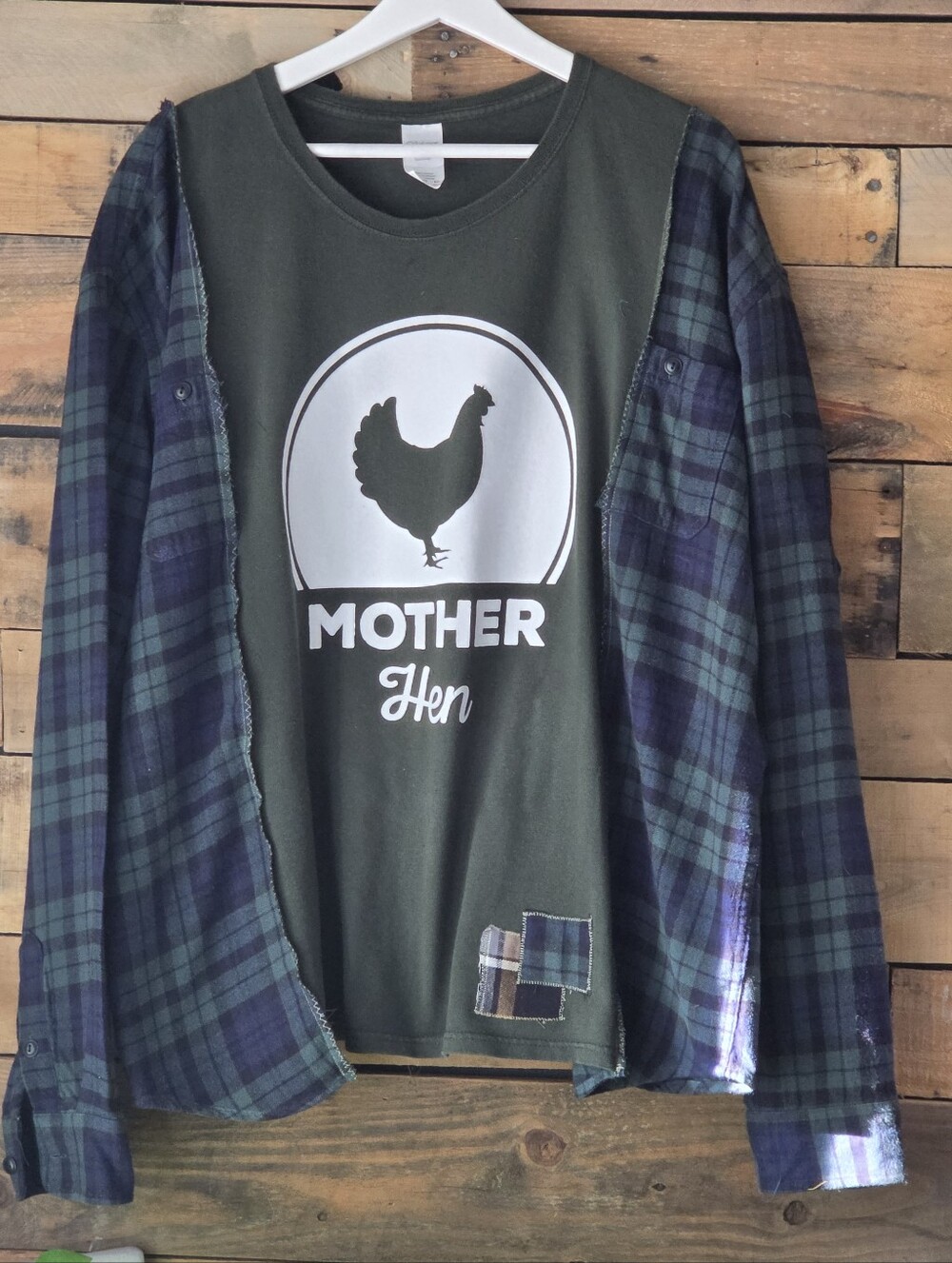 Upcycled 'Mother Hen' Graphic Tee with Plaid Shirt Detail